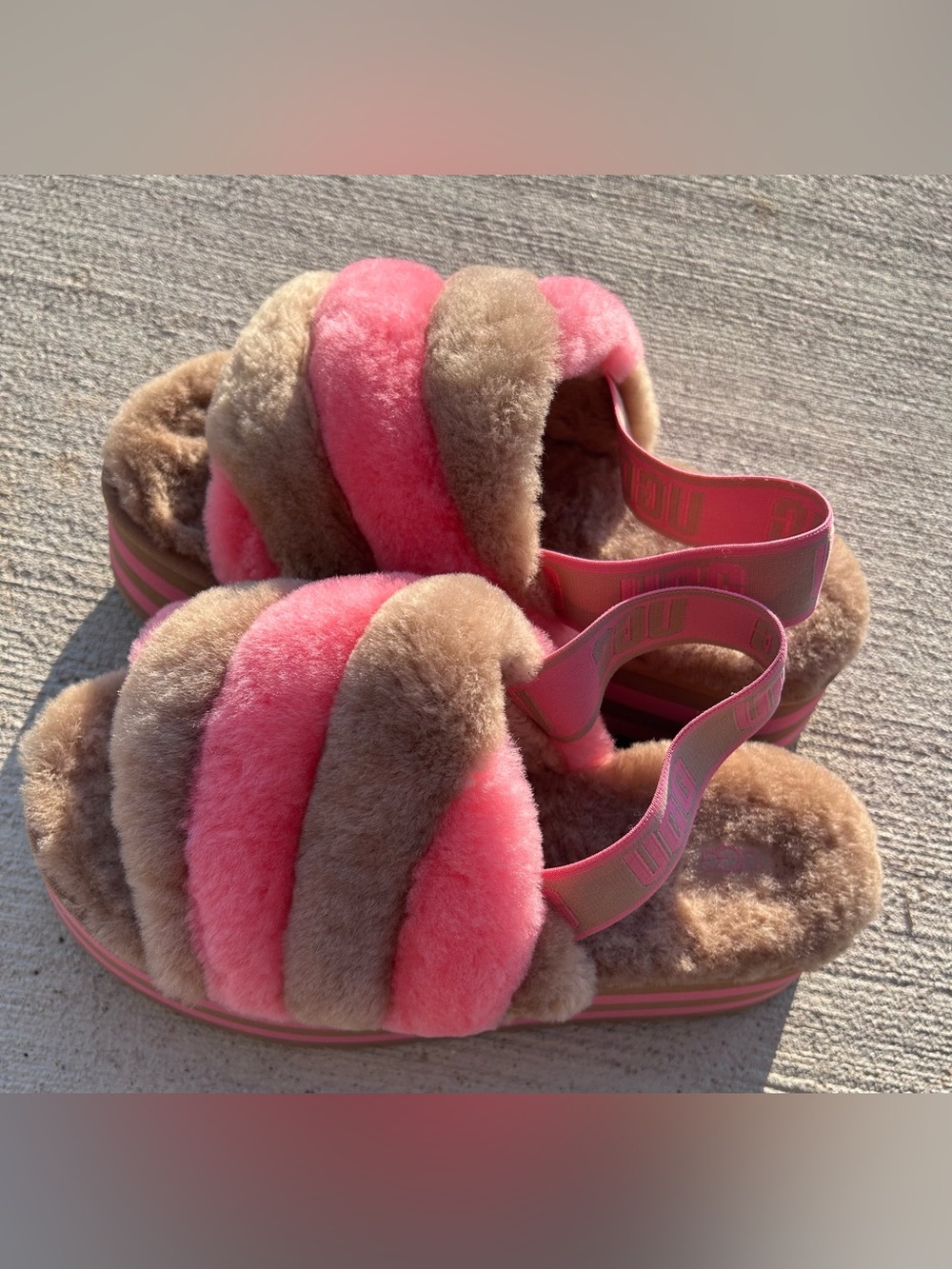 UGG Women’s Pink and Brown Fluffita Slide Sandals Slippers, NEW